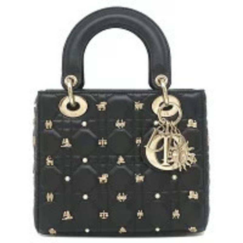 Christian Dior Lady Bag Leather Black Shoulder Handbag Zodiac Sign